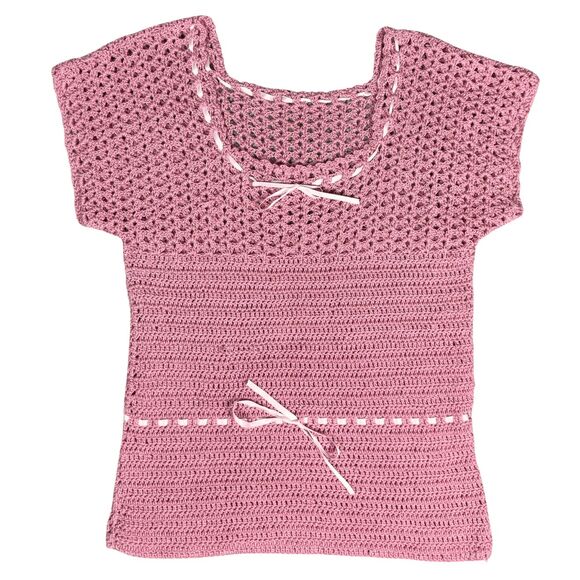 Womens Sweater Open Crochet Short Sleeve Pullover Small Pink Casual Y2K Coquette - Picture 2 of 6